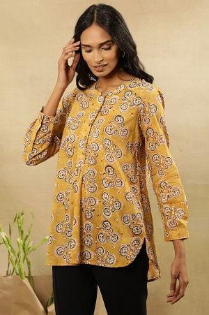 Mustard Block Print Top With Curved Hemline - wforwoman