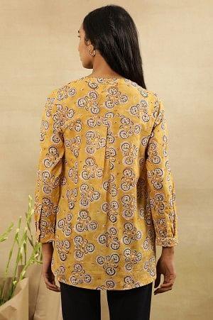 Mustard Block Print Top With Curved Hemline - wforwoman