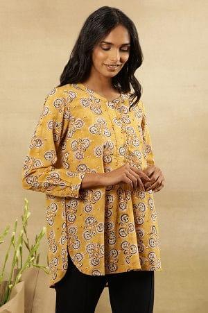 Mustard Block Print Top With Curved Hemline - wforwoman