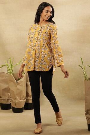 Mustard Block Print Top With Curved Hemline - wforwoman