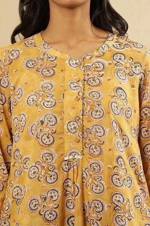 Mustard Block Print Top With Curved Hemline - wforwoman