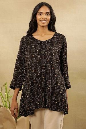 Black Printed Round Neck Flared Top In Lustrous Satin - wforwoman