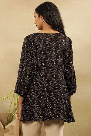 Black Printed Round Neck Flared Top In Lustrous Satin - wforwoman