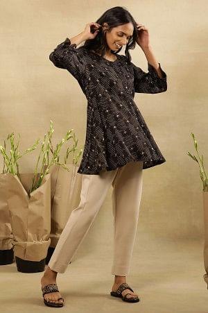 Black Printed Round Neck Flared Top In Lustrous Satin - wforwoman