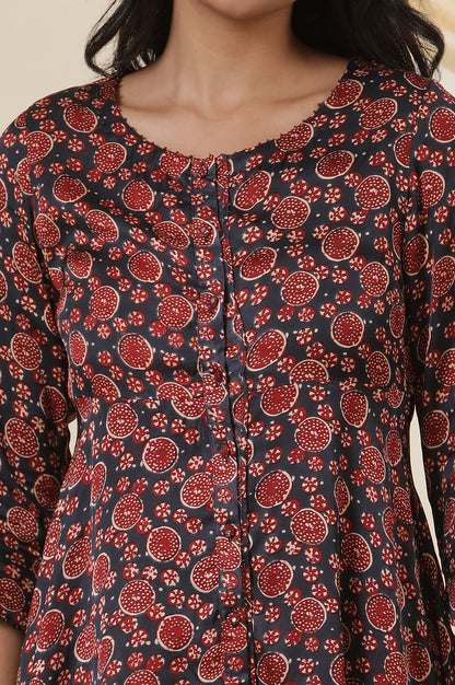 Red &amp; Blue Printed Round Neck Flared Top