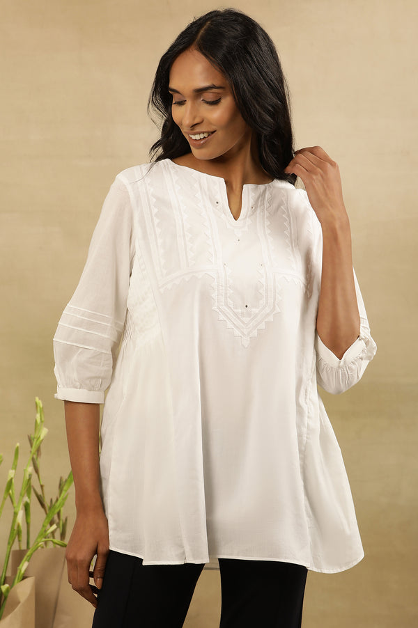 White Appliqué Work Cotton Voile Top with Mirror Work