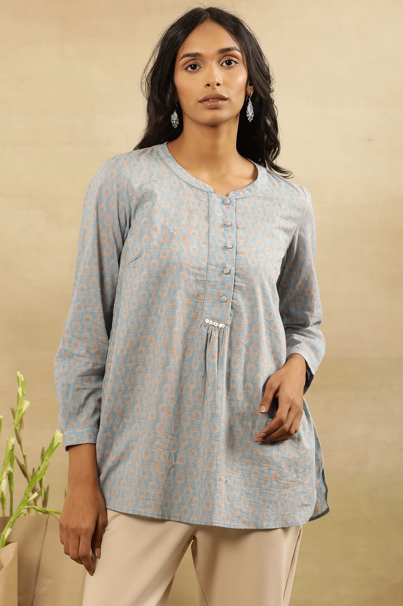 Light Blue Block Print Top With Half Placket In Cotton Voile