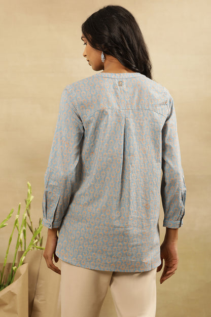 Light Blue Block Print Top With Half Placket In Cotton Voile