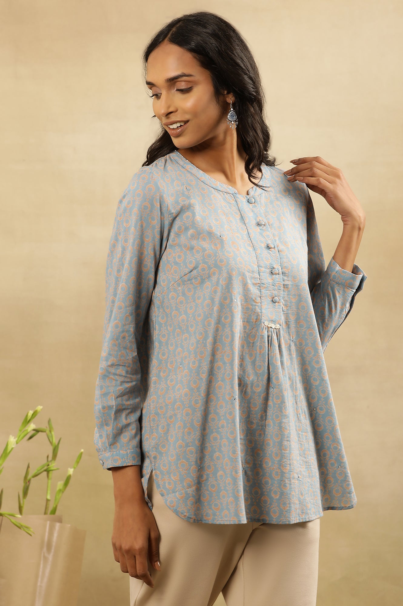 Light Blue Block Print Top With Half Placket In Cotton Voile