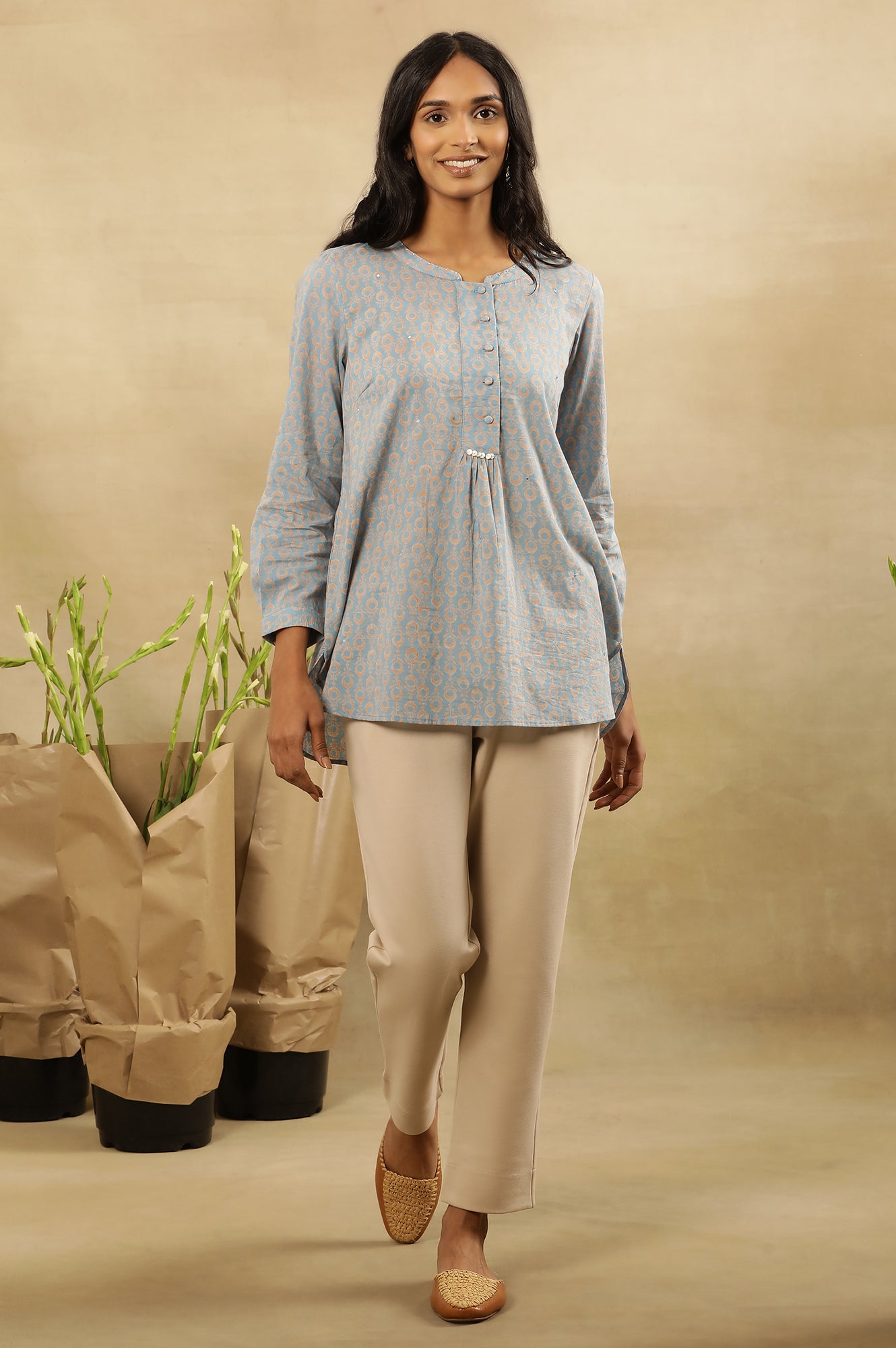 Light Blue Block Print Top With Half Placket In Cotton Voile