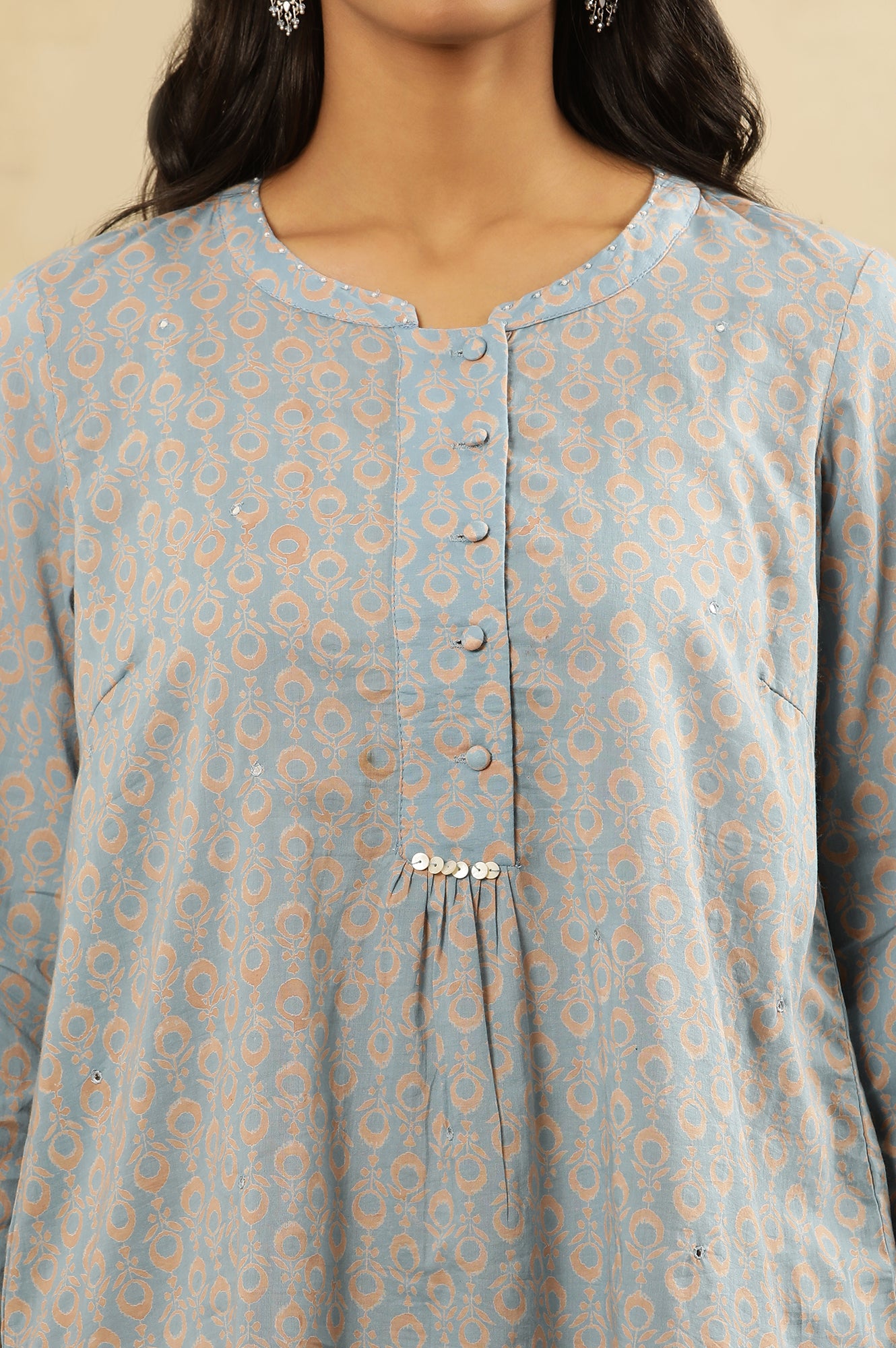 Light Blue Block Print Top With Half Placket In Cotton Voile