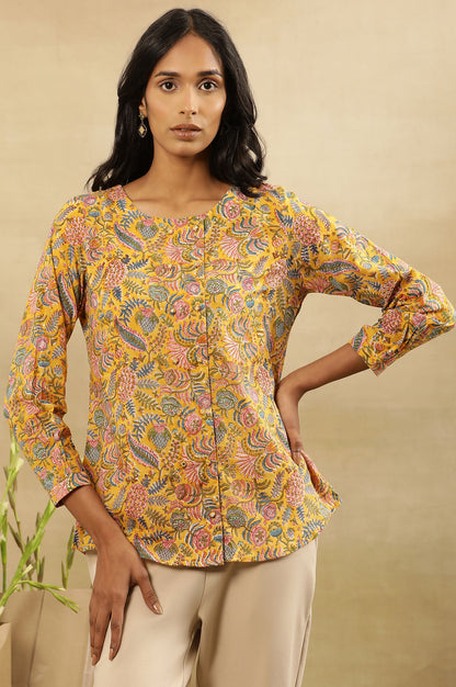 Yellow Floral Block Print Top With Front Placket