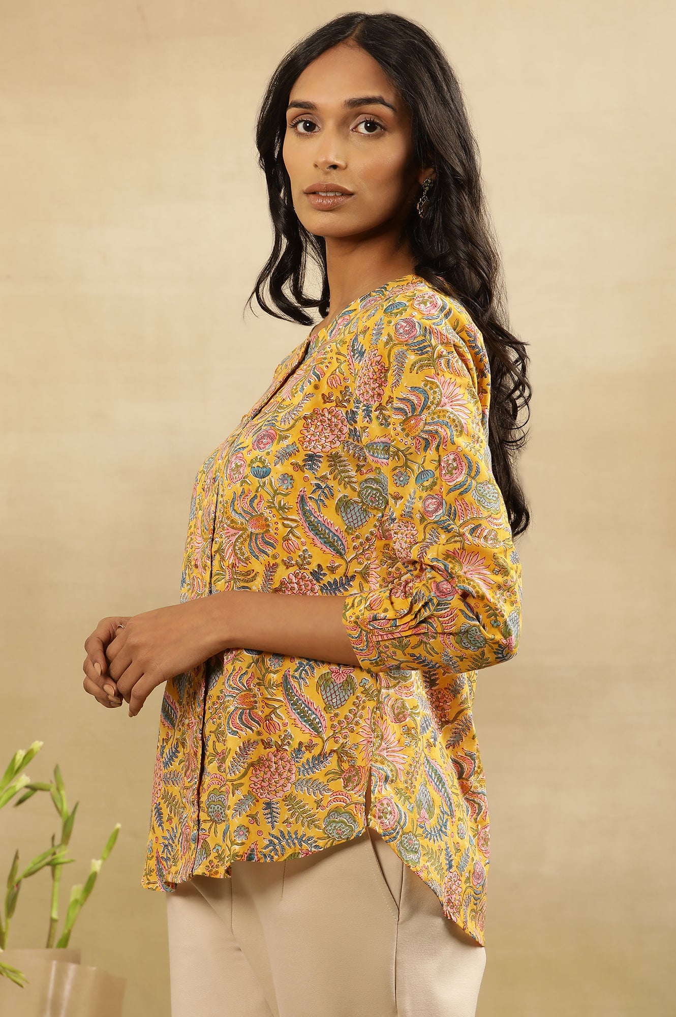 Yellow Floral Block Print Top With Front Placket