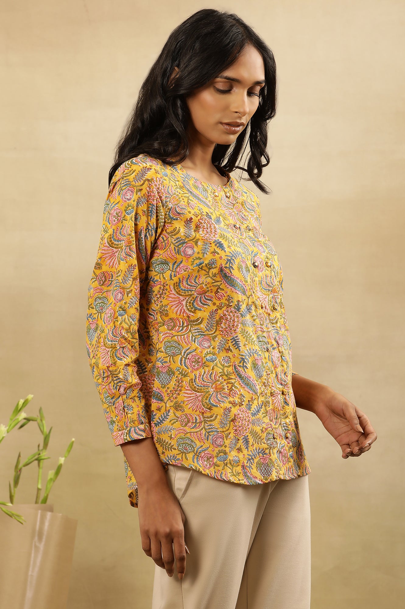 Yellow Floral Block Print Top With Front Placket