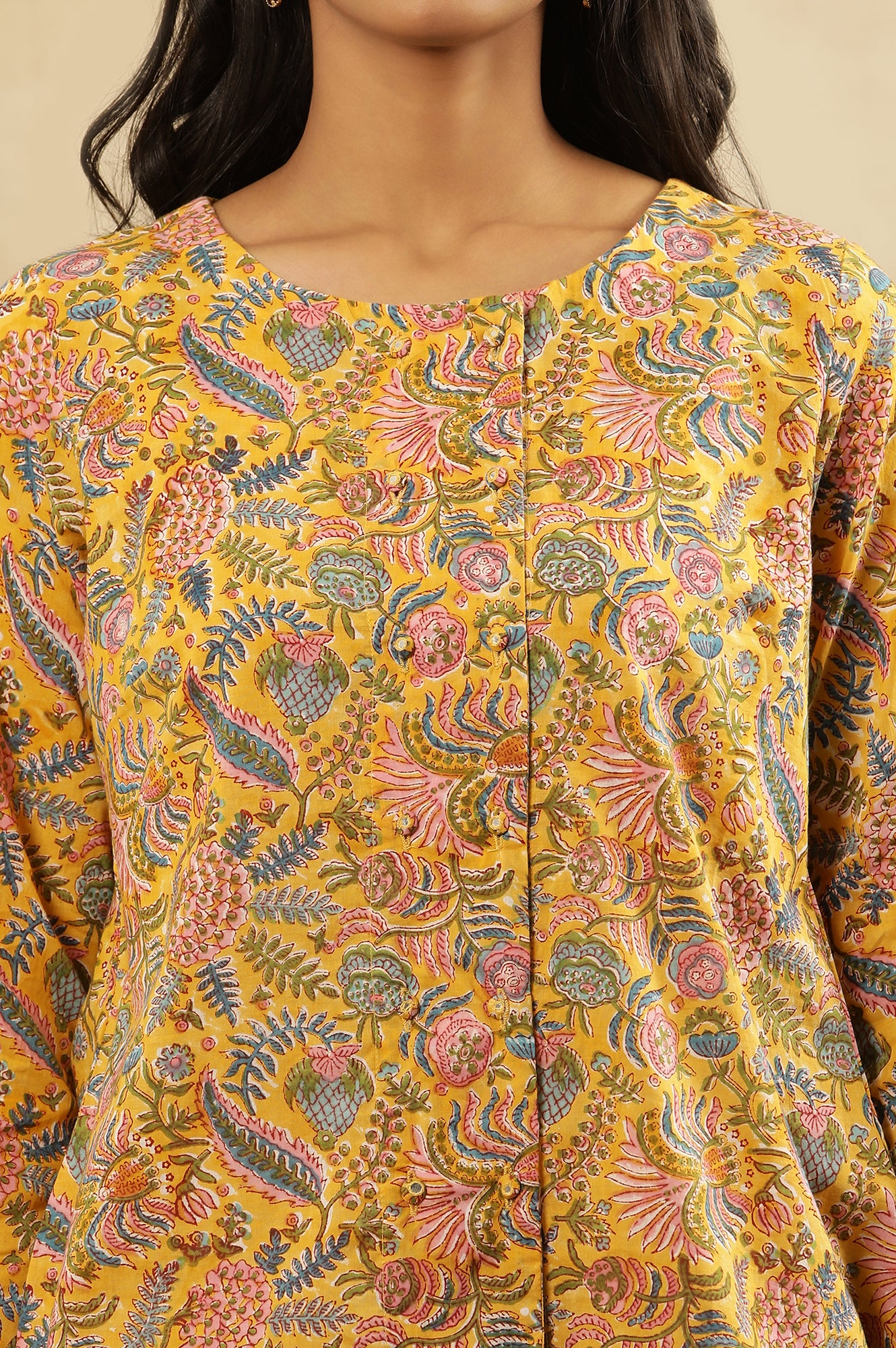 Yellow Floral Block Print Top With Front Placket