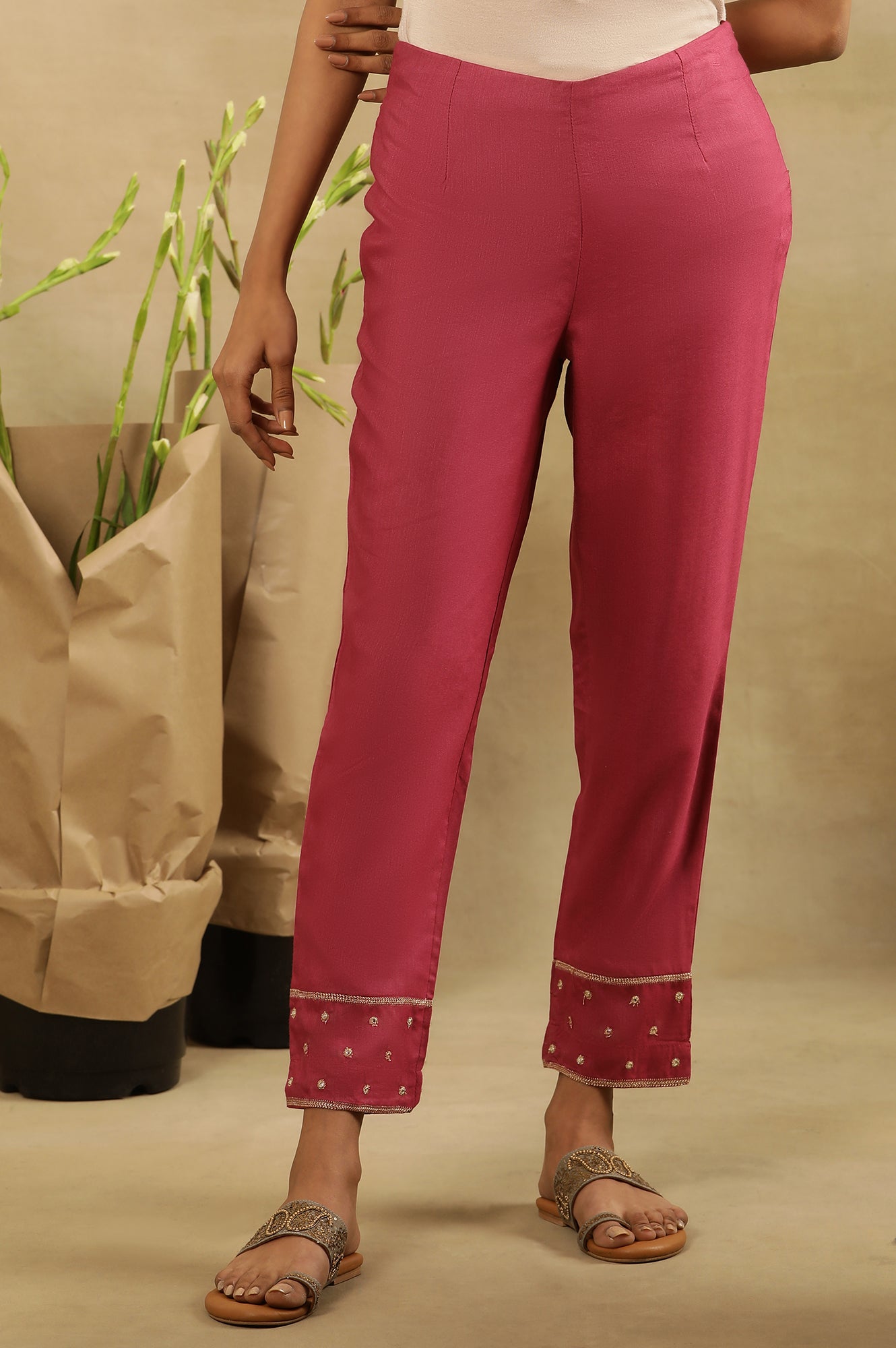 Magenta Haze Solid Slim Pants With Embroidery At Hem