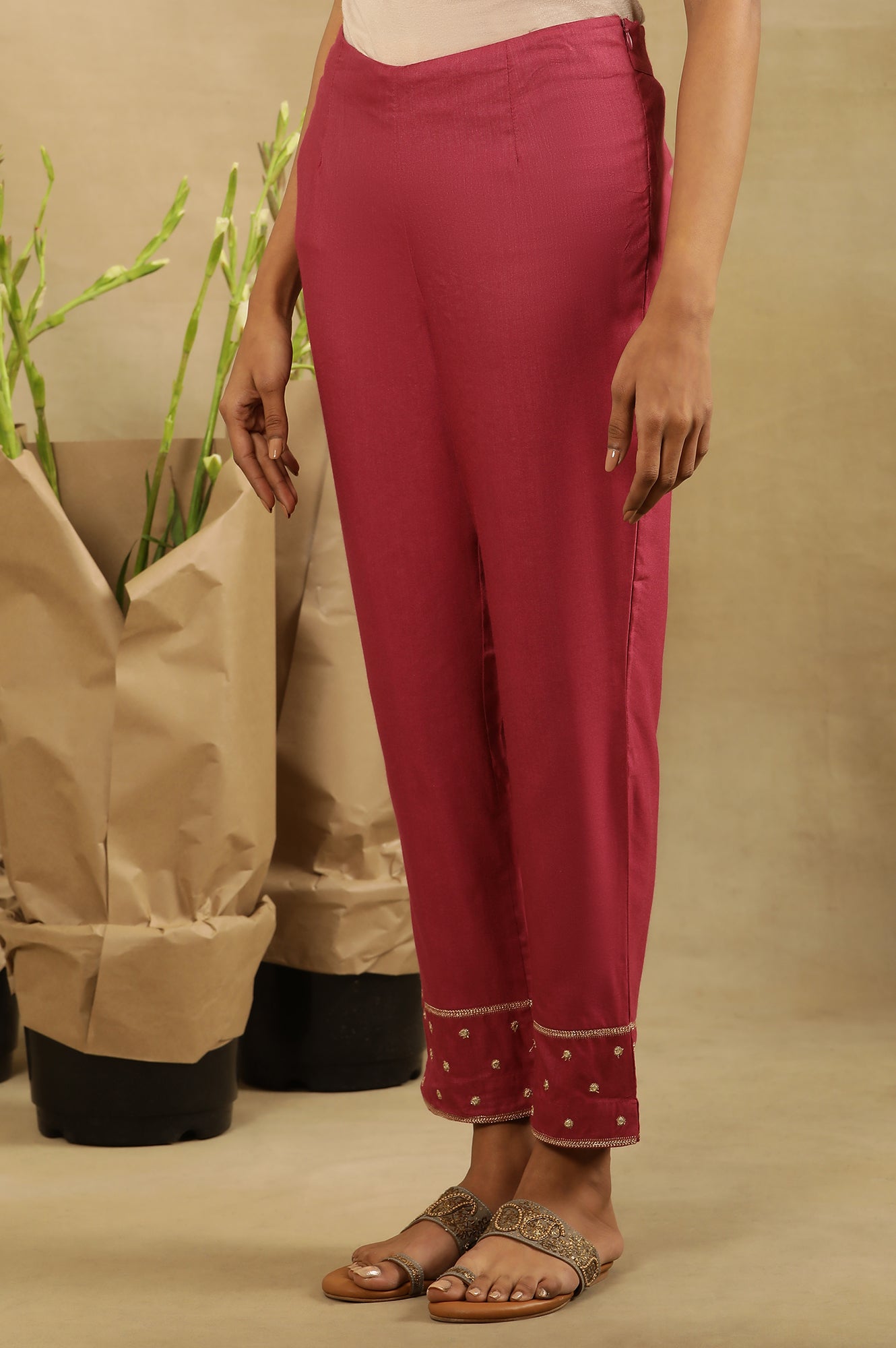 Magenta Haze Solid Slim Pants With Embroidery At Hem