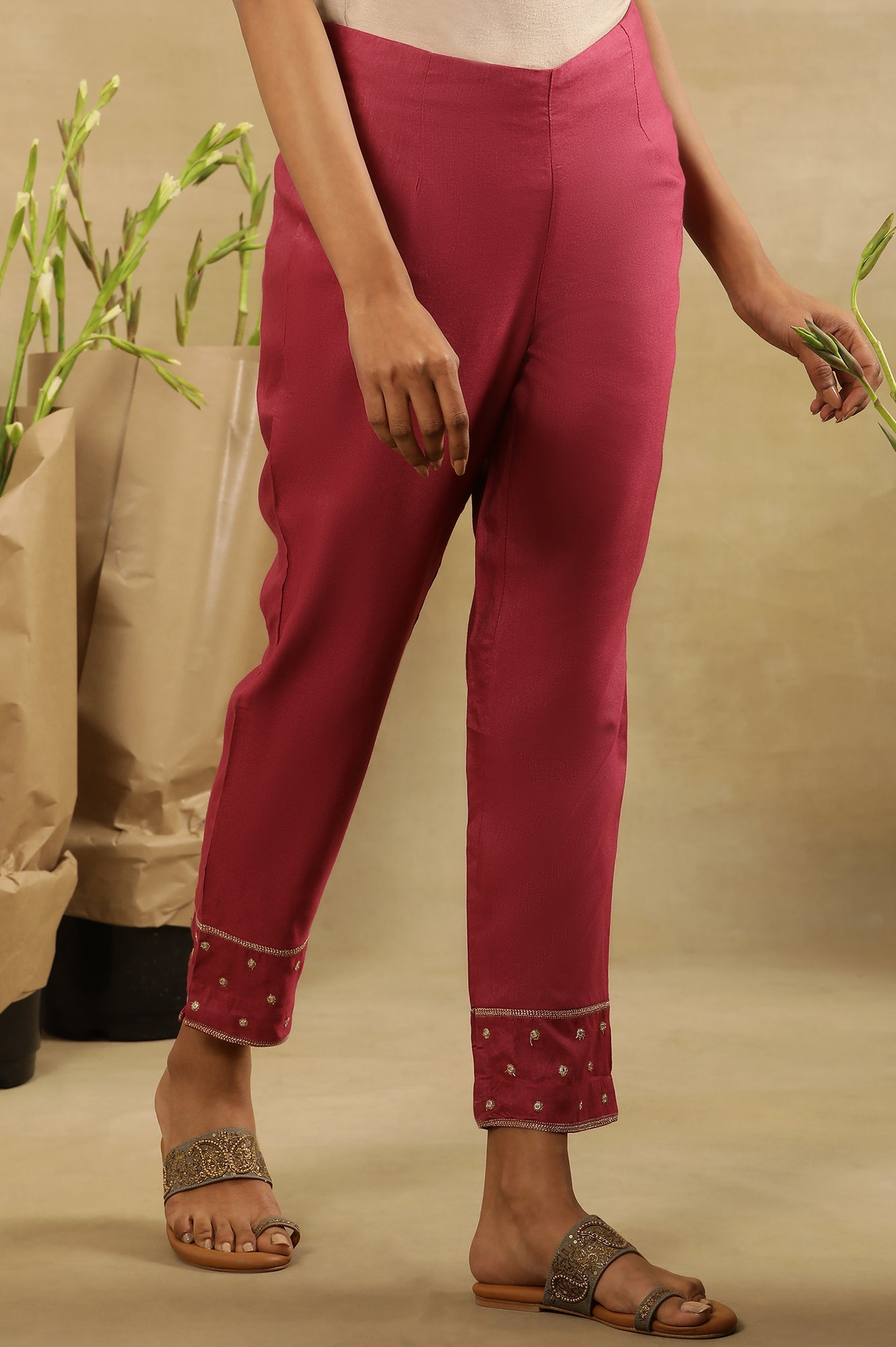 Magenta Haze Solid Slim Pants With Embroidery At Hem