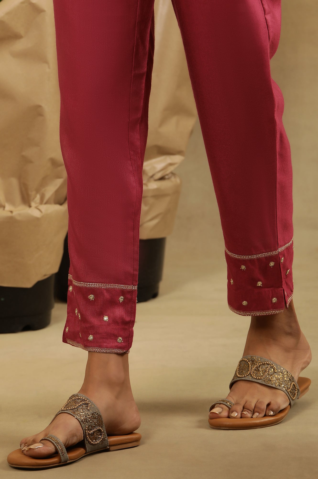 Magenta Haze Solid Slim Pants With Embroidery At Hem