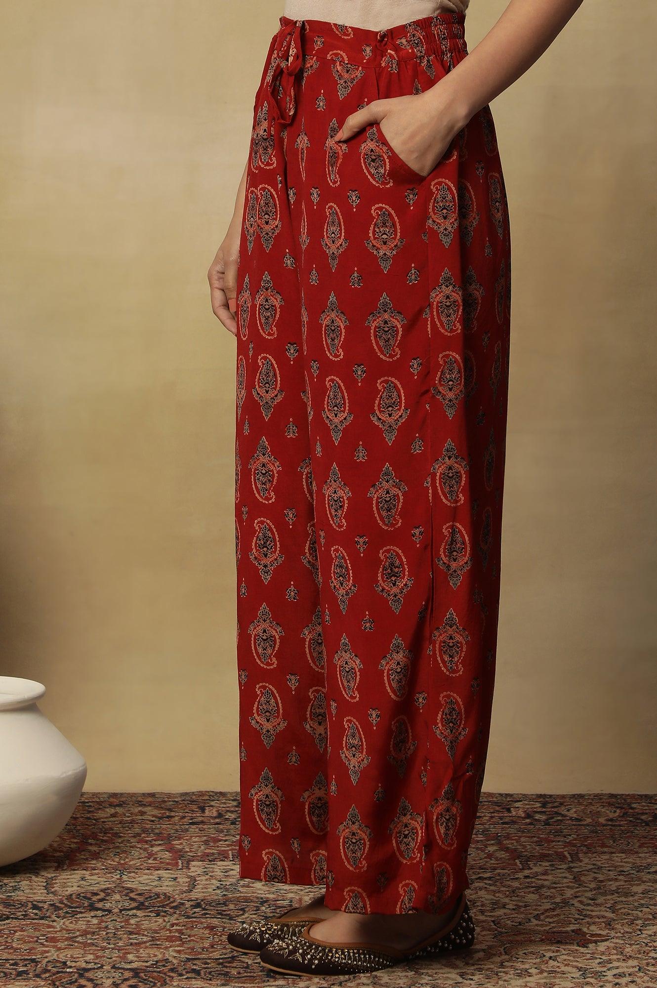 Red Printed Embroidered Red Parallel Pants - wforwoman