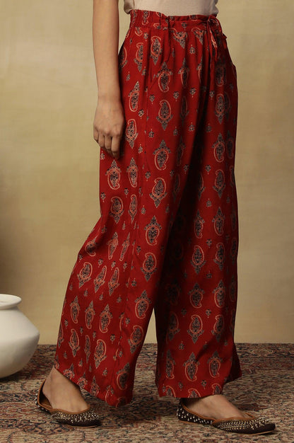 Red Printed Embroidered Red Parallel Pants - wforwoman