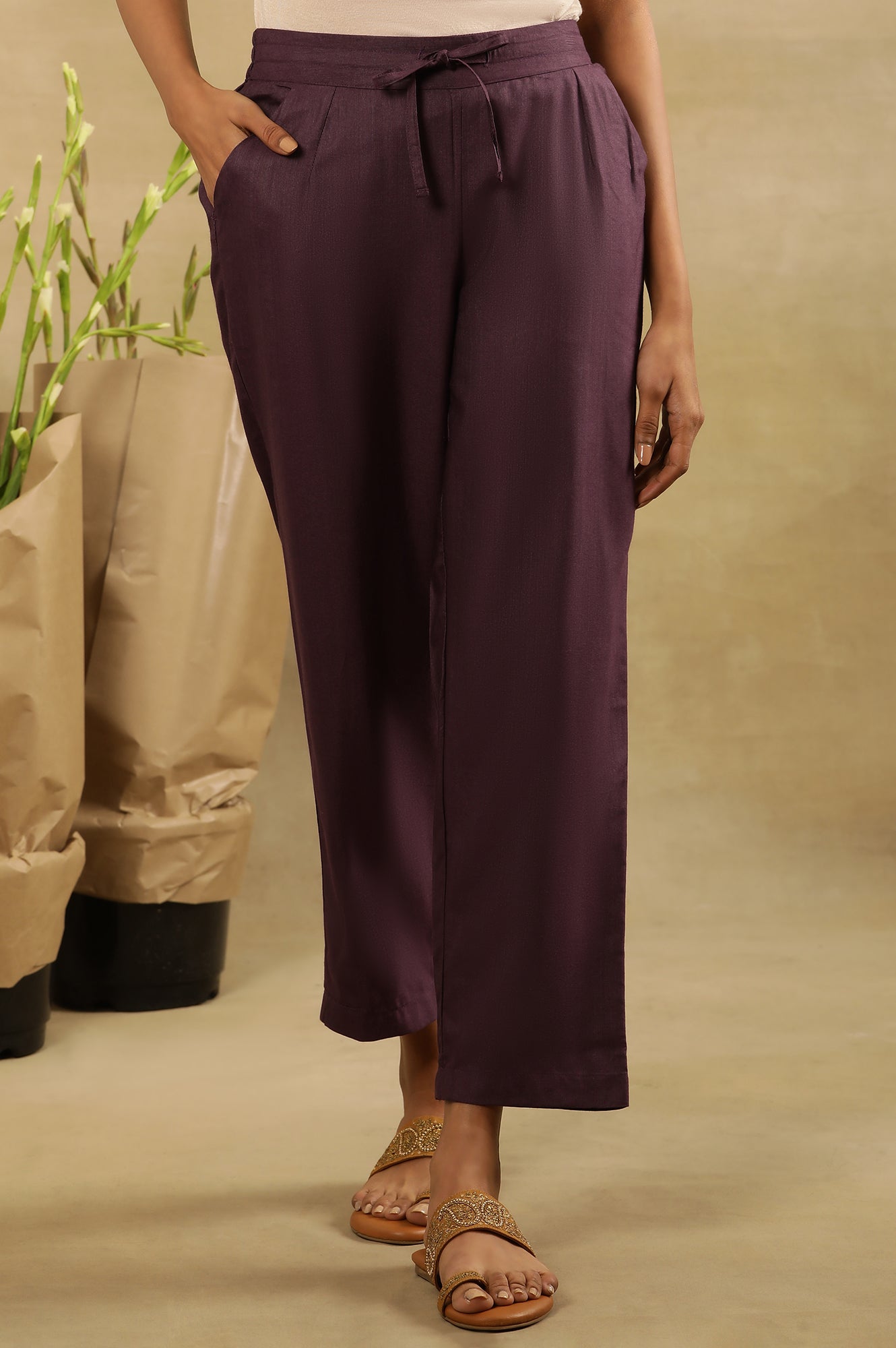 Plum Purple Solid Straight Pants With Front Tie-Up