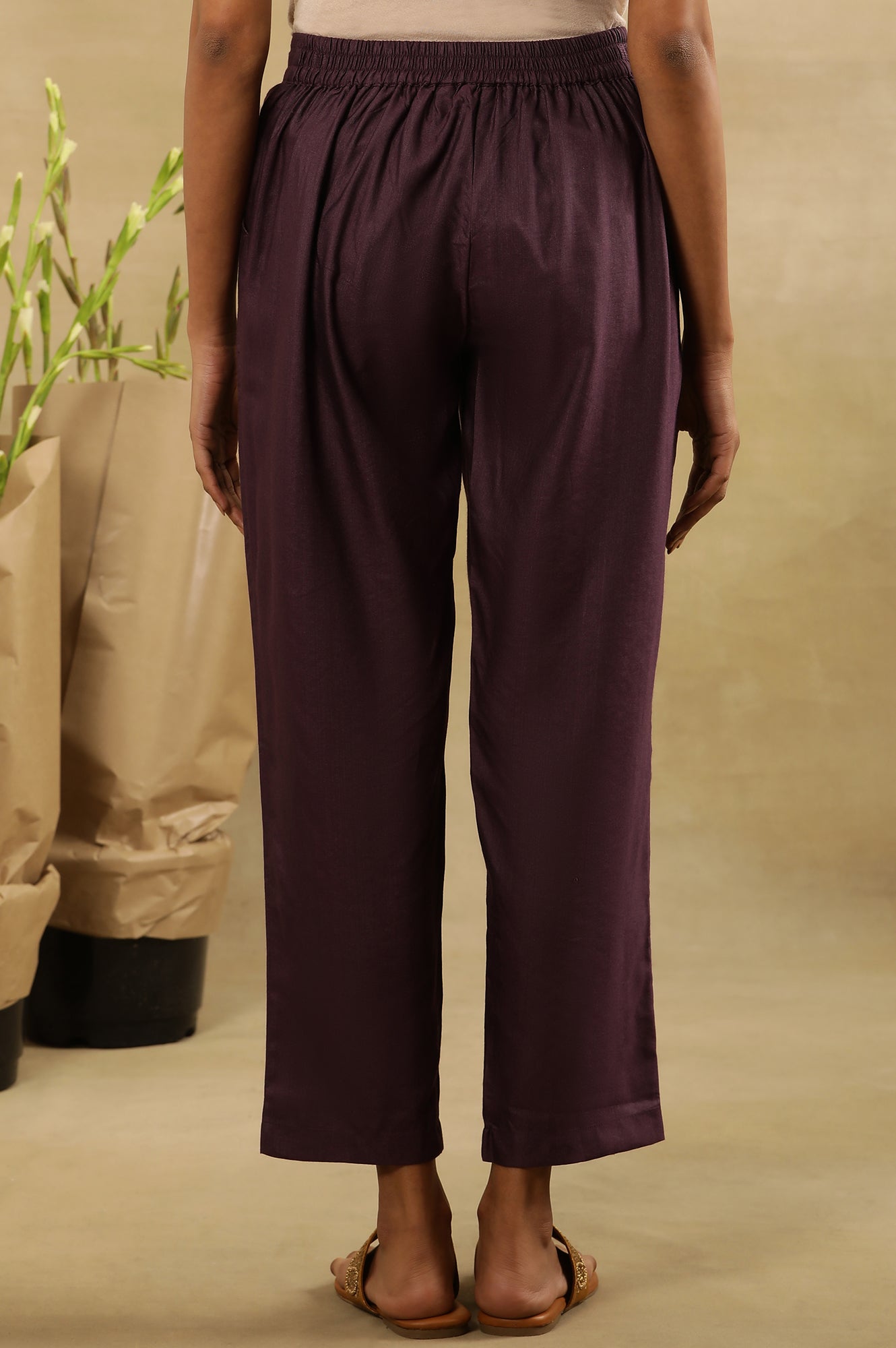 Plum Purple Solid Straight Pants With Front Tie-Up