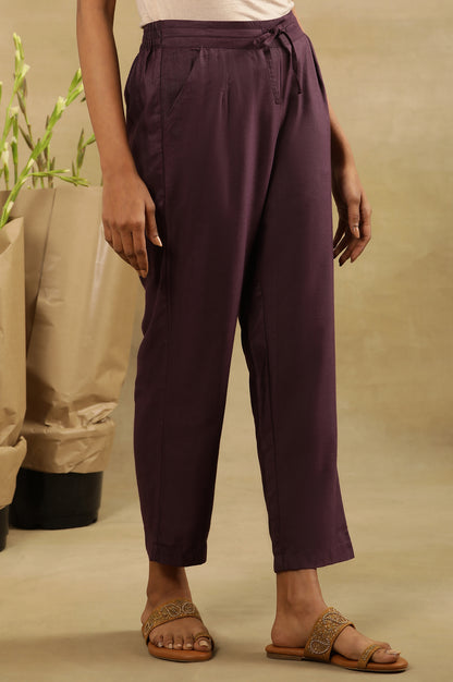 Plum Purple Solid Straight Pants With Front Tie-Up