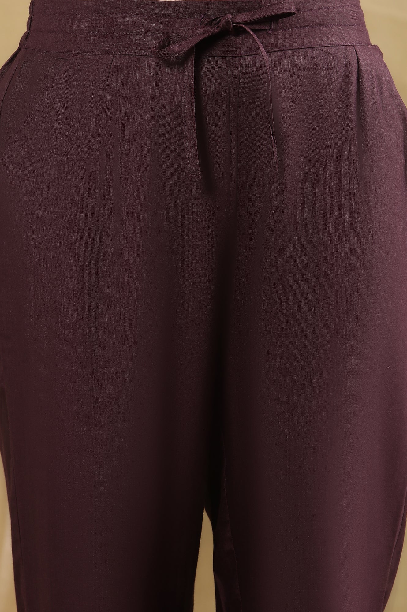 Plum Purple Solid Straight Pants With Front Tie-Up