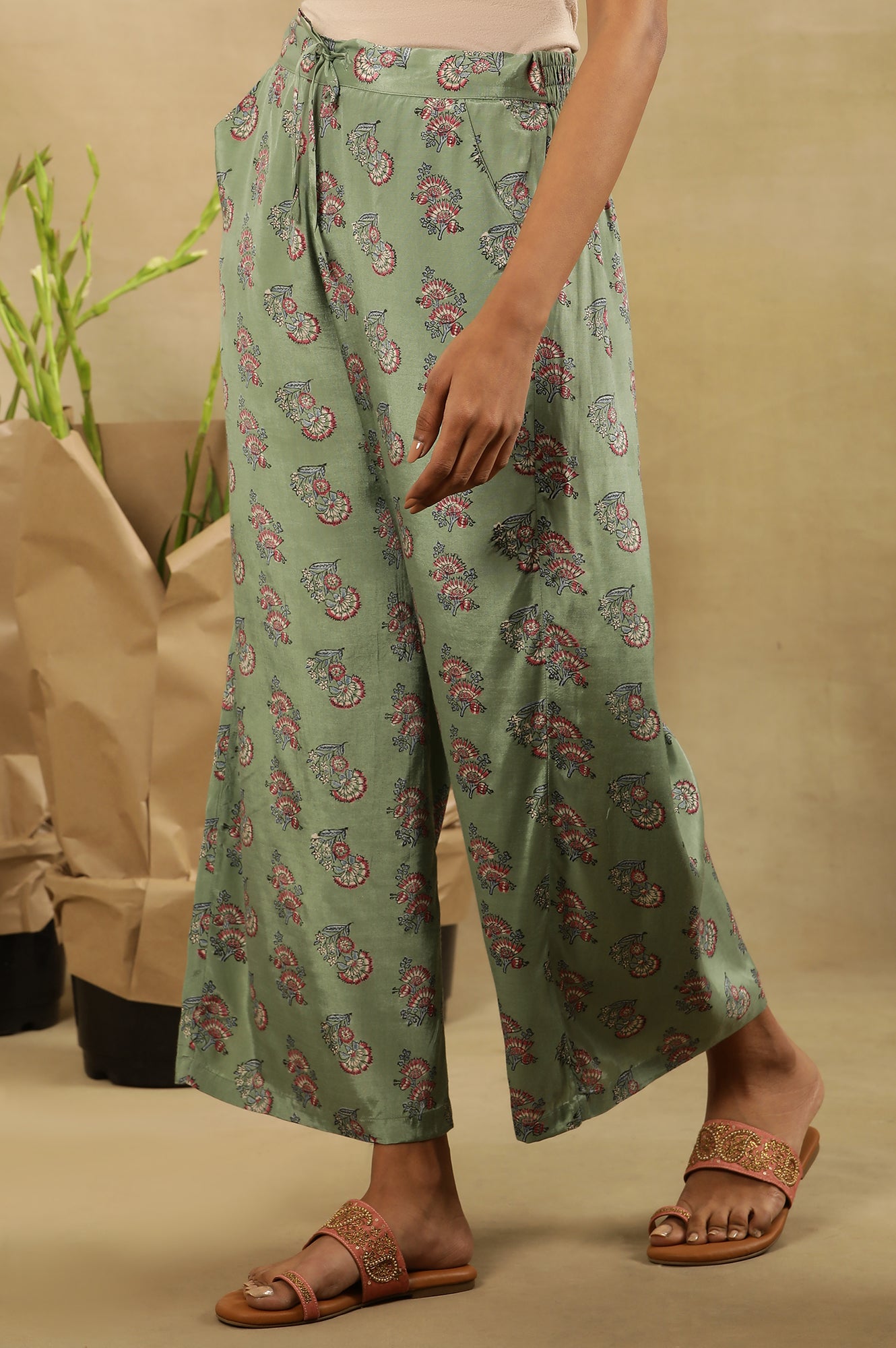 Light Green Block Printed Parallel Pants