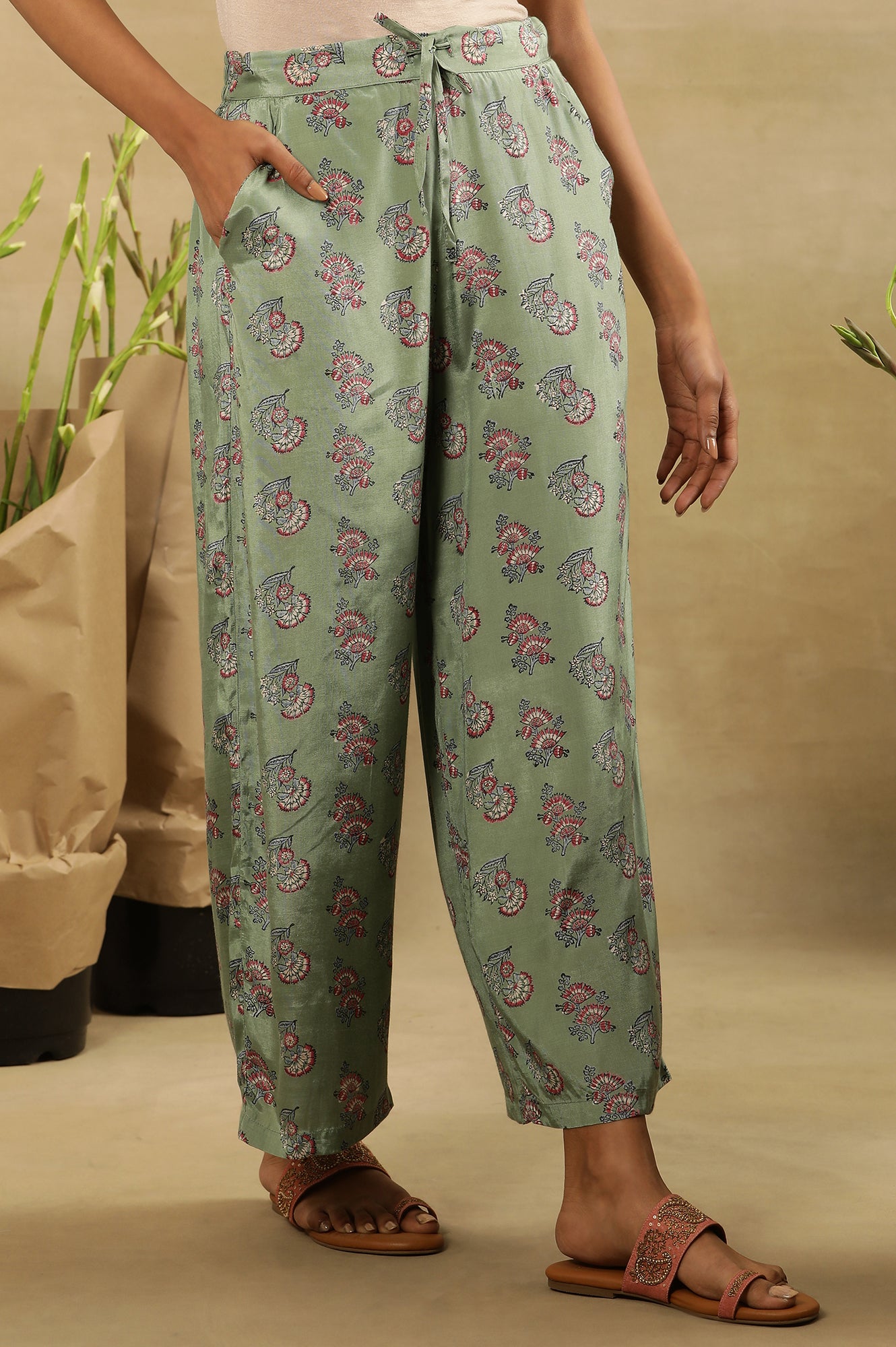 Light Green Block Printed Parallel Pants