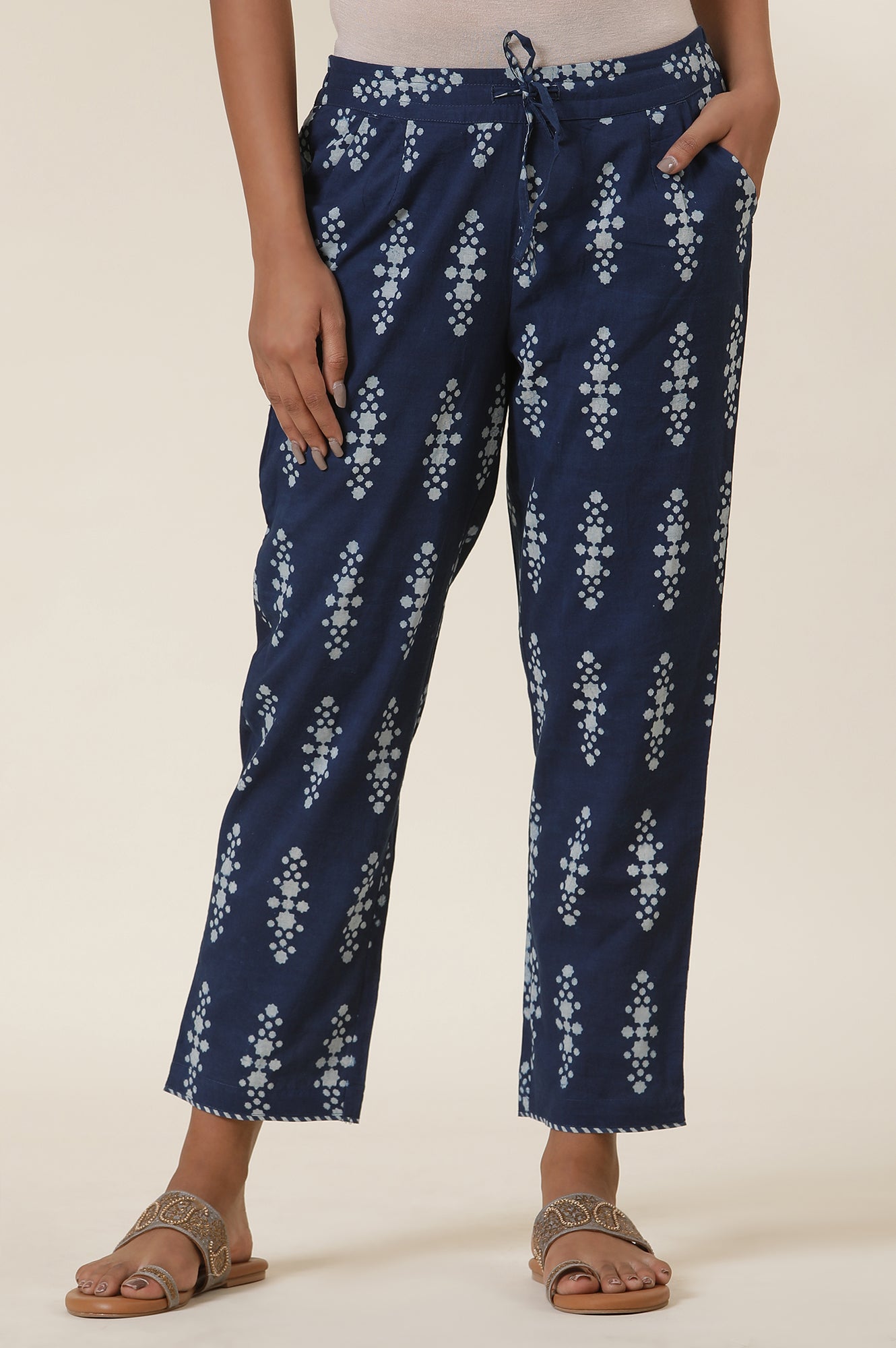 Blue Block Print Indigo Straight Pants