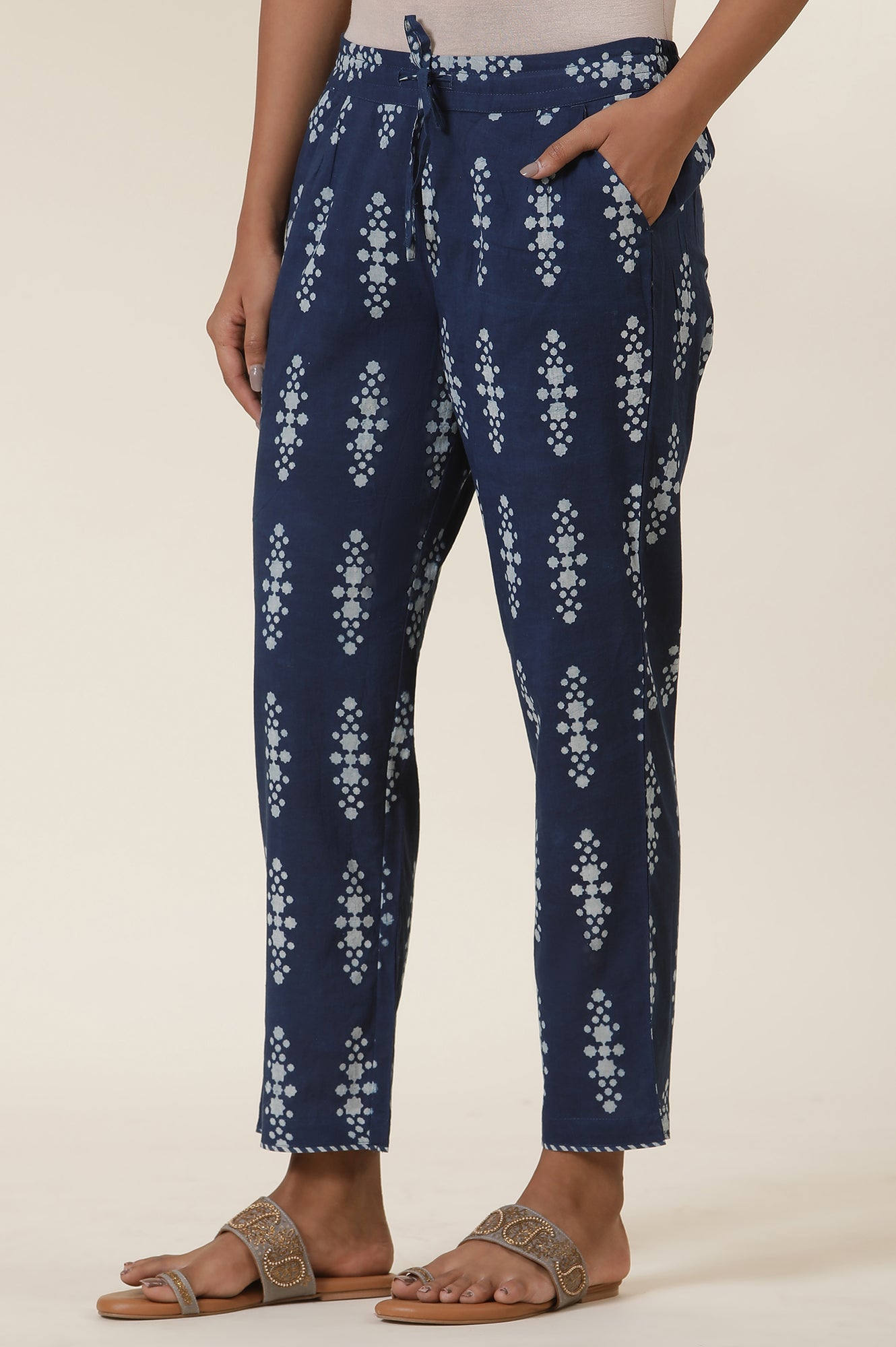 Blue Block Print Indigo Straight Pants