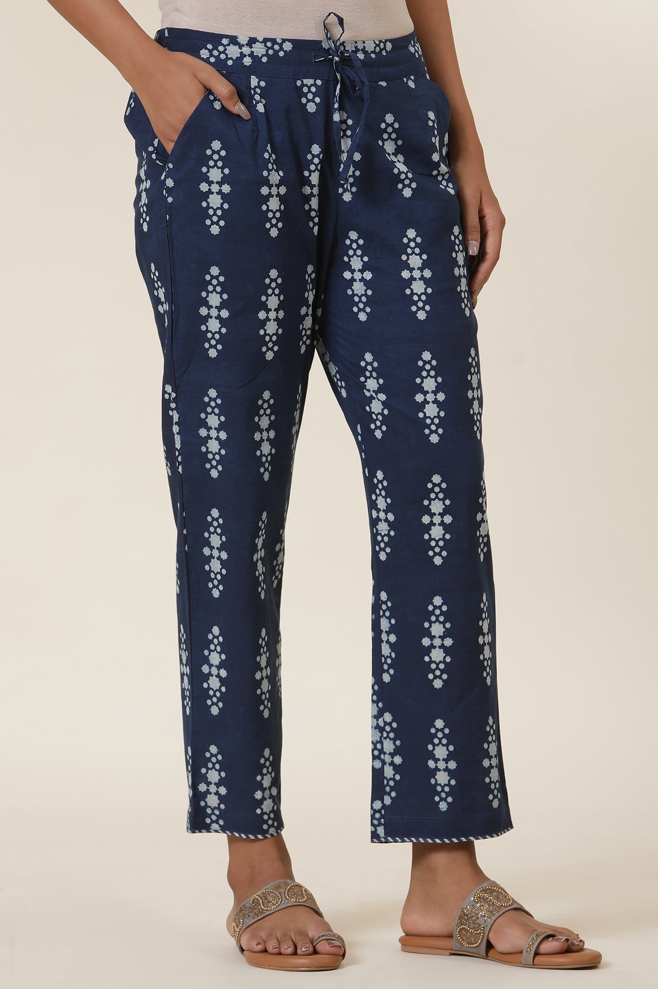 Blue Block Print Indigo Straight Pants