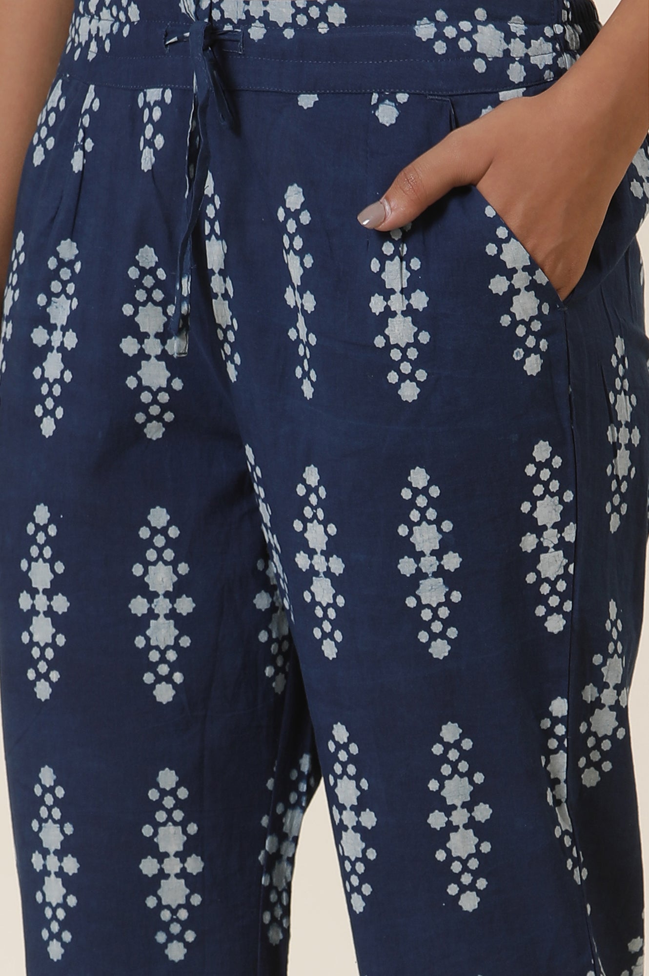 Blue Block Print Indigo Straight Pants