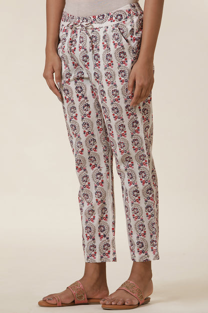 Ecru Block Print Straight Pants