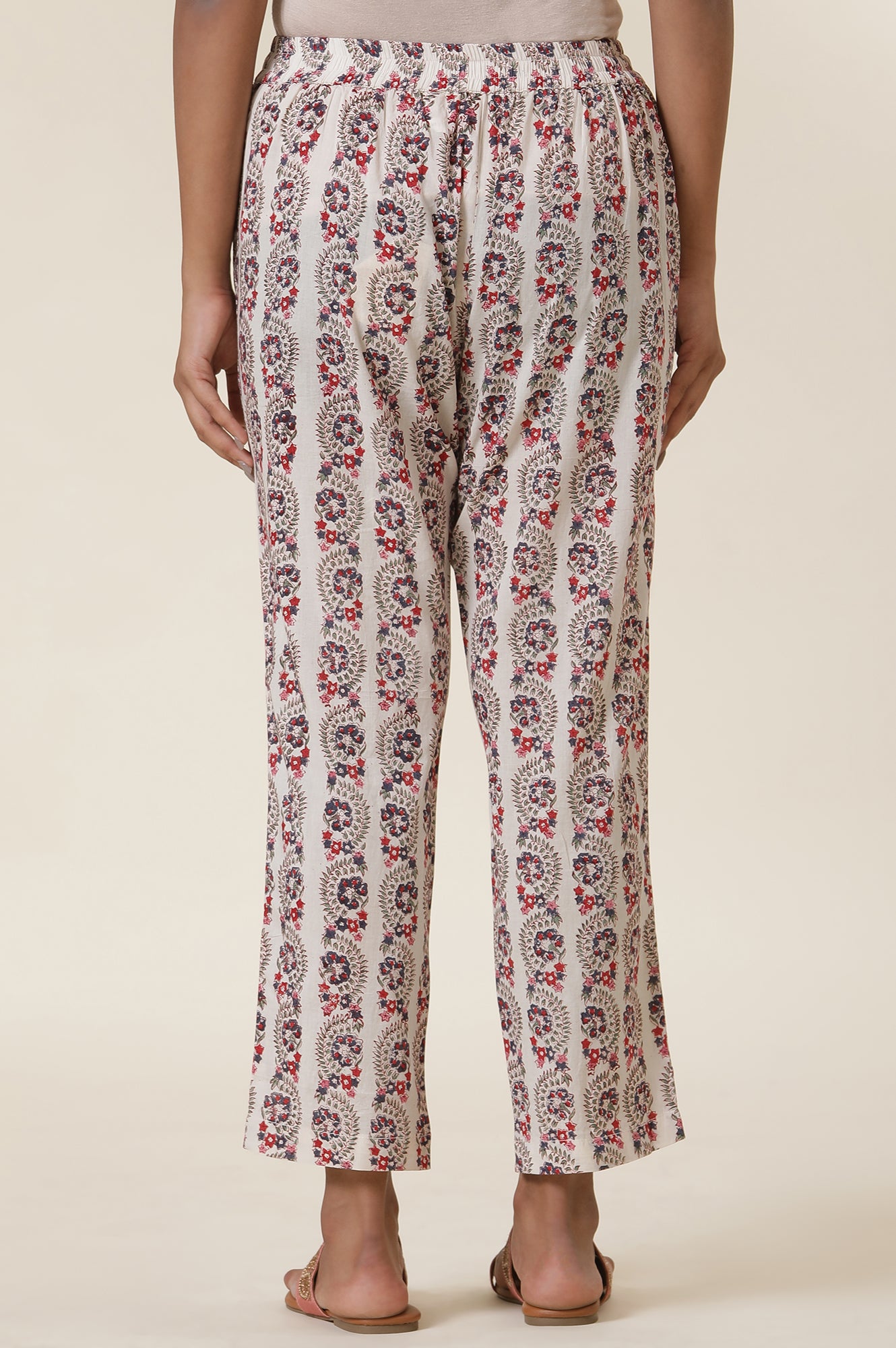 Ecru Block Print Straight Pants