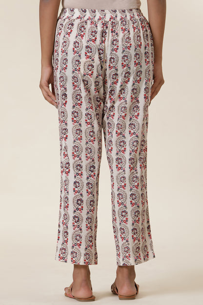 Ecru Block Print Straight Pants