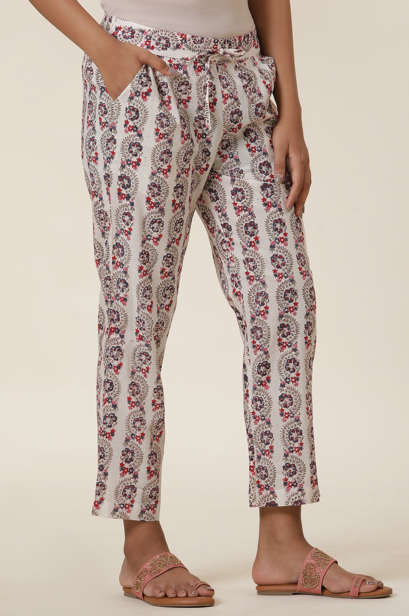 Ecru Block Print Straight Pants