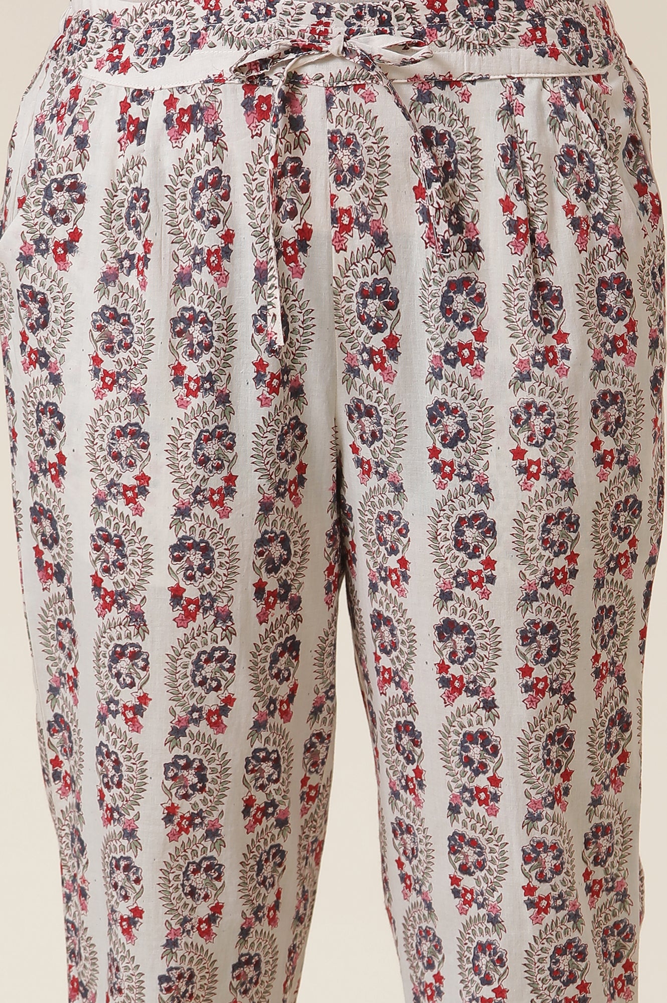 Ecru Block Print Straight Pants