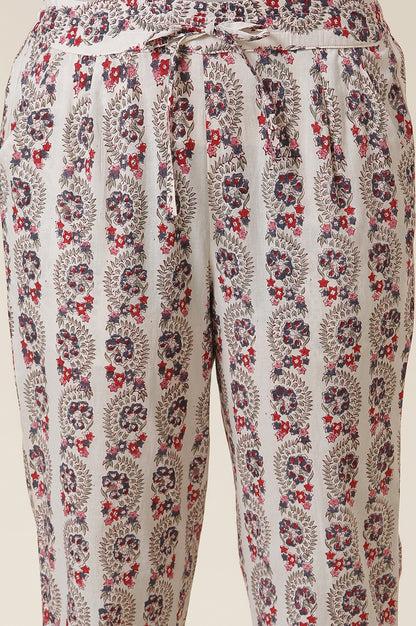 Ecru Block Print Straight Pants