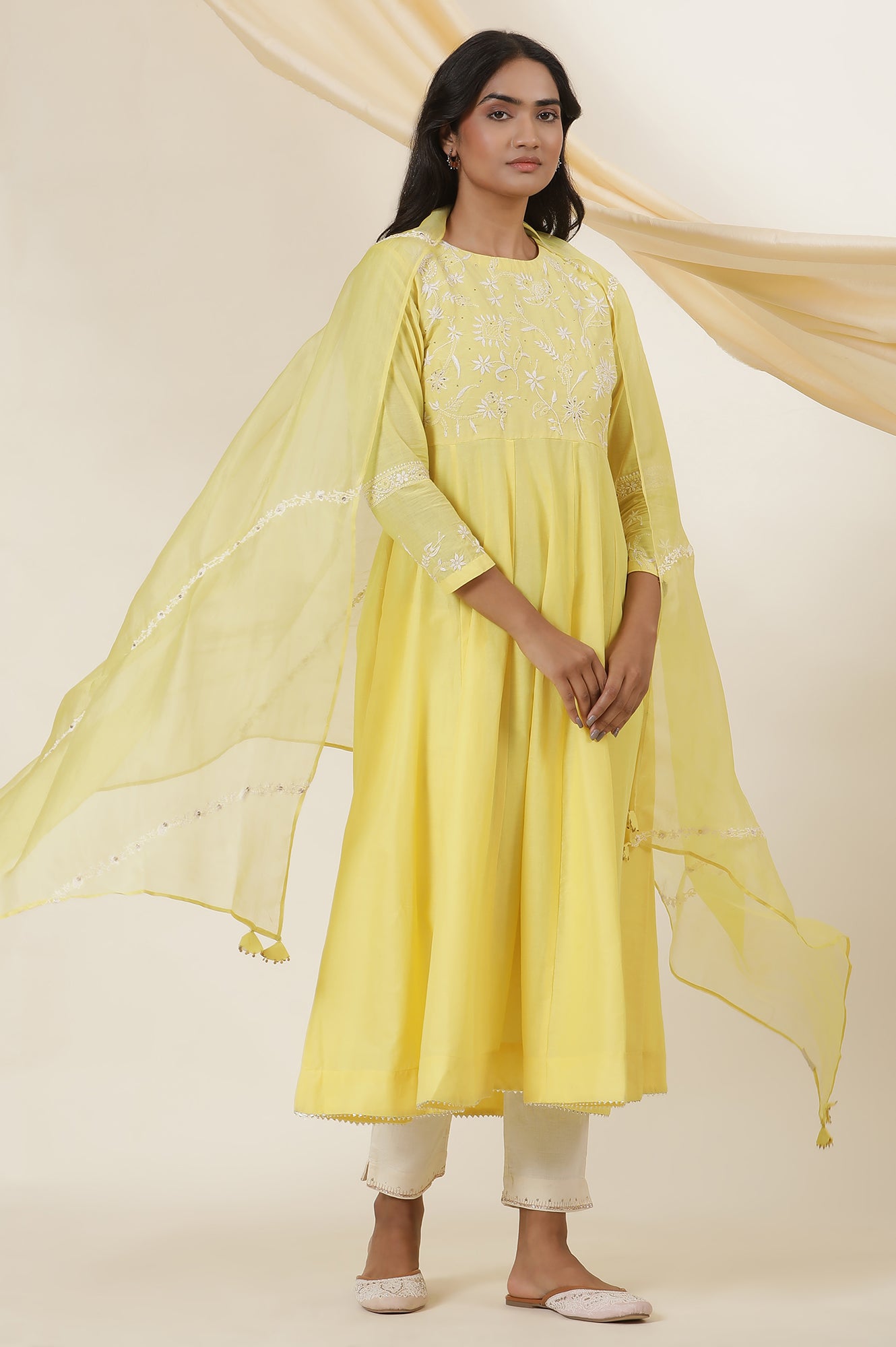 Yellow Solid Silk Organza Drape With Embroidery