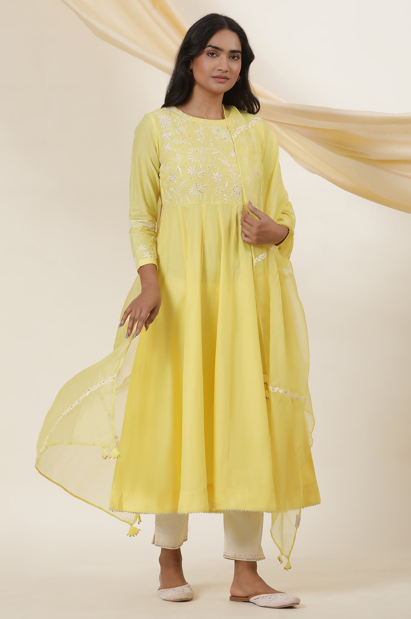 Yellow Solid Silk Organza Drape With Embroidery