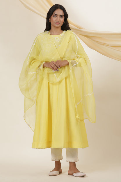 Yellow Solid Silk Organza Drape With Embroidery