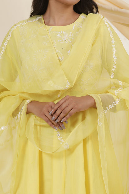 Yellow Solid Silk Organza Drape With Embroidery