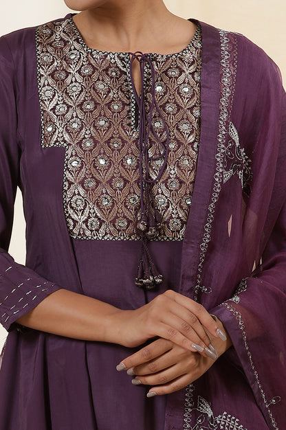 Plum Purple Solid Silk Organza Drape With Embroidery