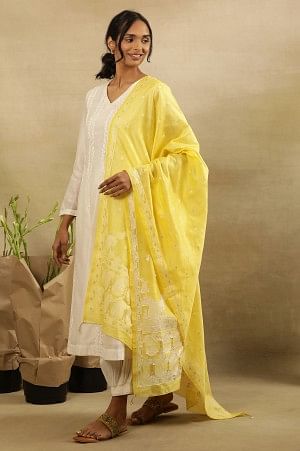 Yellow Cotton Silk Jacquard Drape  With Bead Hangings