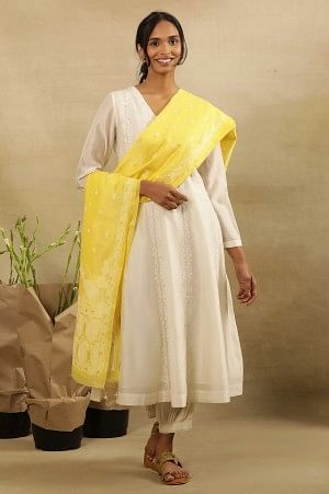 Yellow Cotton Silk Jacquard Drape  With Bead Hangings