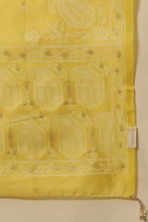 Yellow Cotton Silk Jacquard Drape  With Bead Hangings