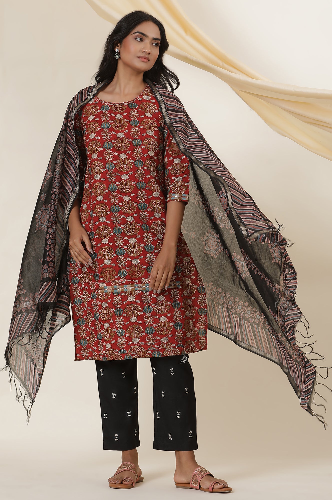 Black Espresso Block Printed Chanderi Drape